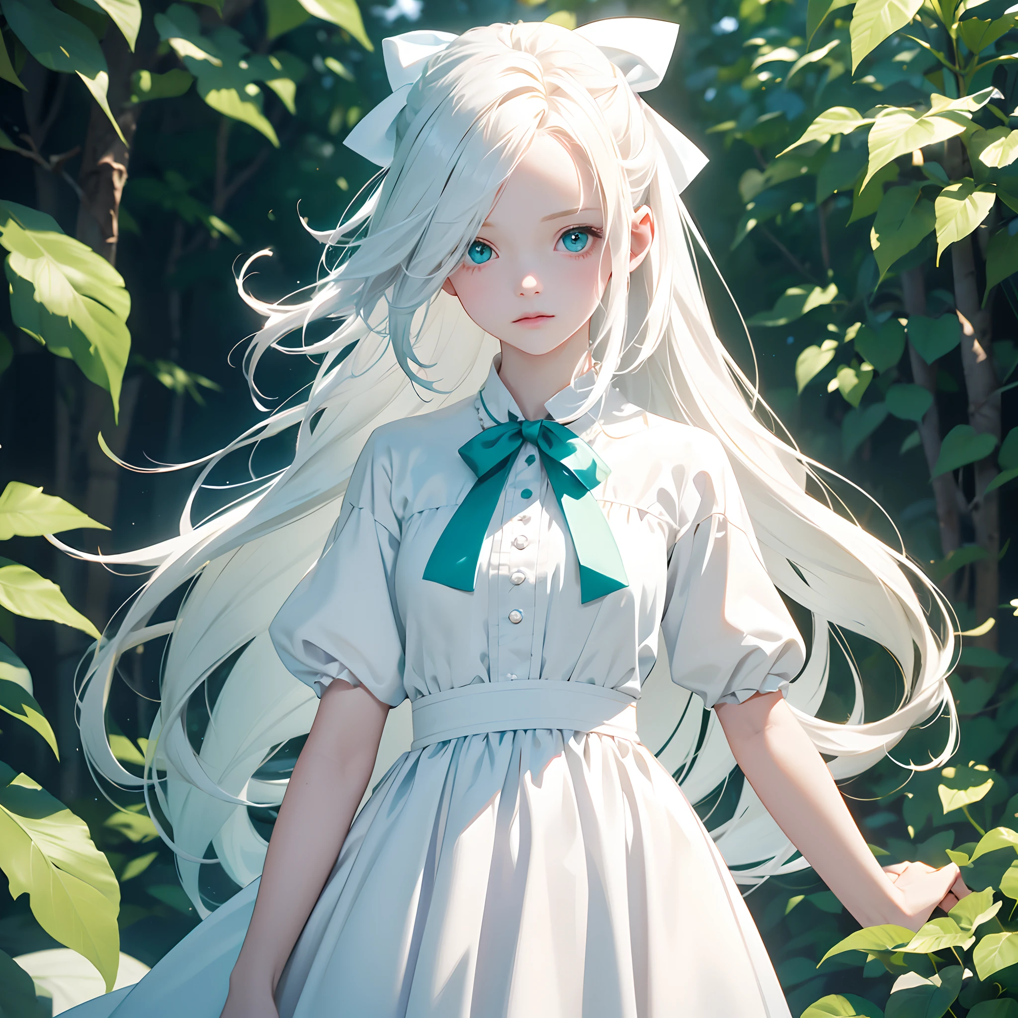 Anime girl with long white hair and blue eyes in a white dress - SeaArt AI