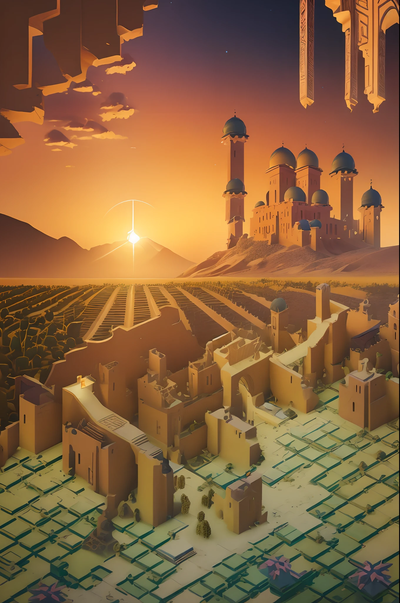 Landscape painting, Flowers in the desert, Giant cactus, Fractal portal to another perfect world, monument valley,illustration,Paradox geometry, tile,Brown tiles,Building,Dome,Onion dome,Brown onion dome, ,stairways,Buttress,arch bridges,Light brown background,Door, Brown walls are clearly focused, (hdr), (8K), (gigapixel), ((Masterpiece))，HighestQuali, Perfect background, Sunset light reflection