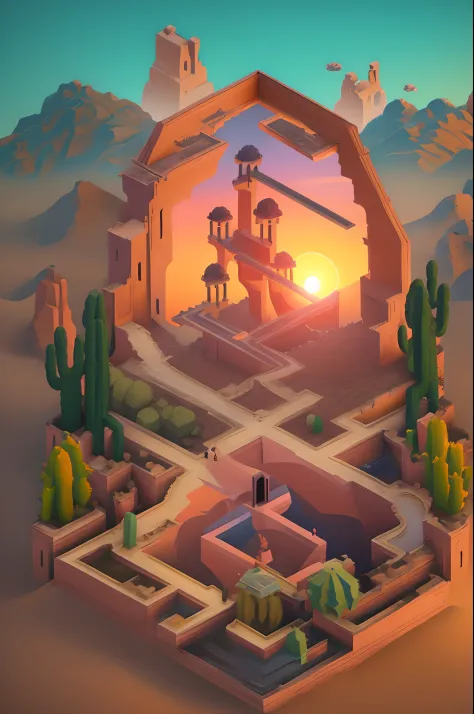 landscape painting, flowers in the desert, giant cactus, fractal portal to another perfect world, monument valley,highestquali, ...