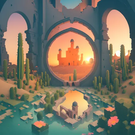 geomerty, flowers in the desert, giant cactus, an arched portal to another perfect world, monument valley,highestquali, perfect ...