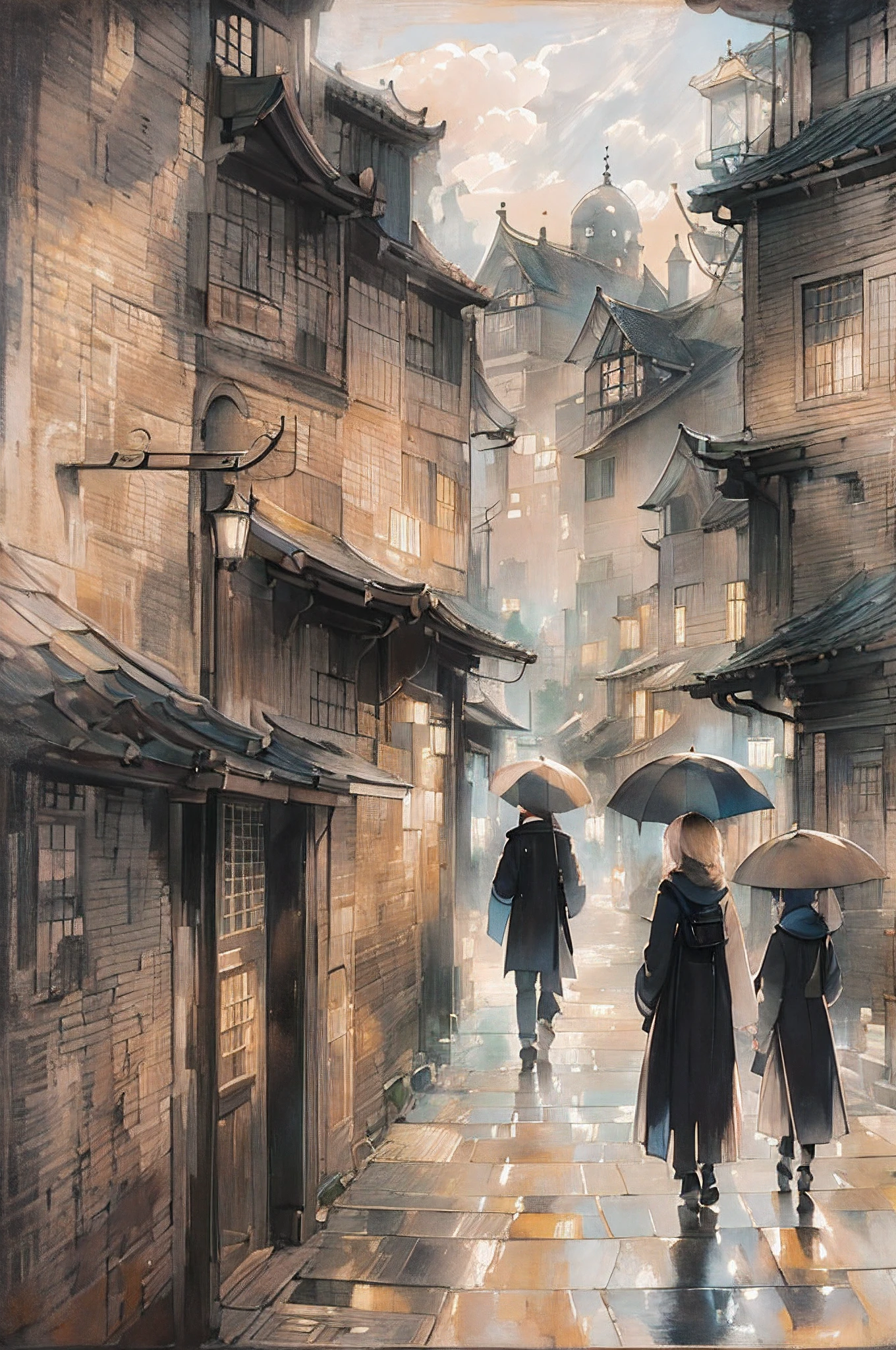 Cityscape at dusk. Beige clay walls and bright roofs. Melancholy people walk.
Artist uses blotting ink、Blurred the boundaries of the picture, Combination with delicate brushwork、Expressing the details of the picture. It's incredibly beautiful. Beautifully expresses the shades of black ink.