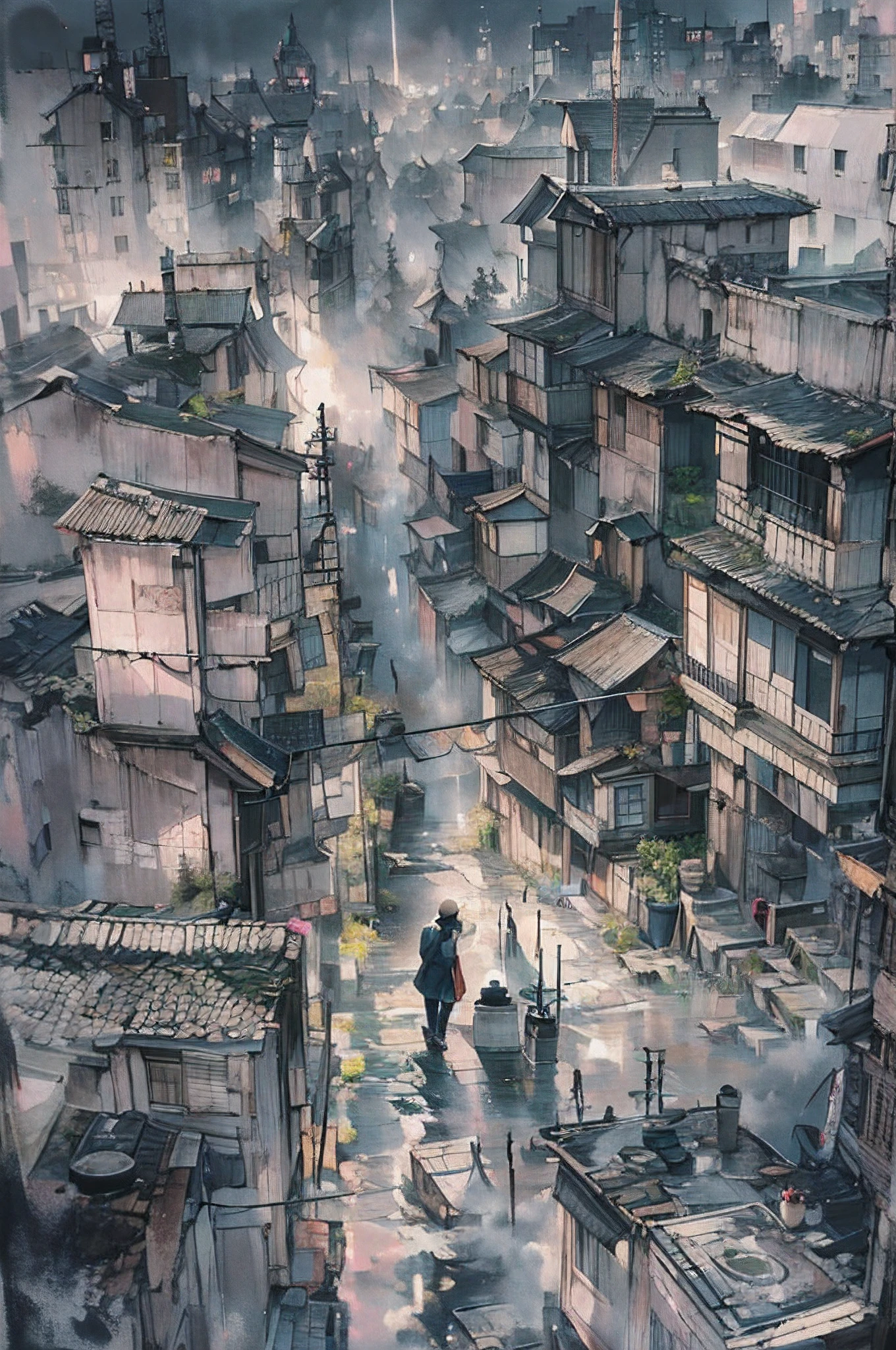 Looking down on the city from the roof of a building. The city is a mix of urban and rural. 
Artist uses blotting ink、Blurred the boundaries of the picture, Combination with delicate brushwork、Expressing the details of the picture. It's incredibly beautiful. Beautifully expresses the shades of black ink.