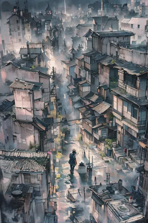 Looking down on the city from the roof of a building. The city is a mix of urban and rural. 
Artist uses blotting ink、Blurred th...
