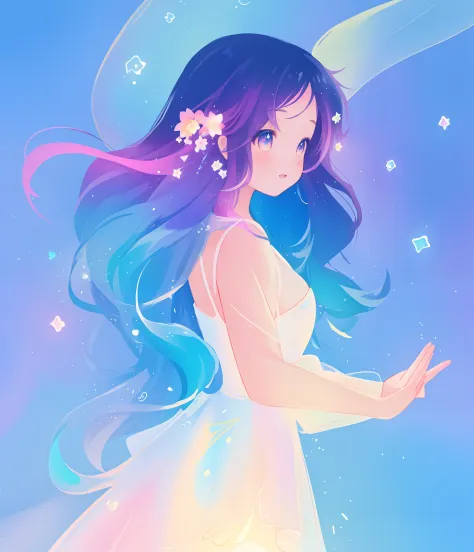 beautiful anime girl in colorful multi-layered ballgown, vibrant pastel colors, (colorful), magical lights, sparkling liquid lig...