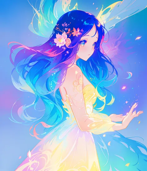 beautiful anime girl in colorful multi-layered ballgown, vibrant pastel colors, (colorful), magical lights, sparkling liquid light, colorful wavy hair, inspired by Glen Keane, inspired by Lois van Baarle, disney art style, by Lois van Baarle, glowing aura ...