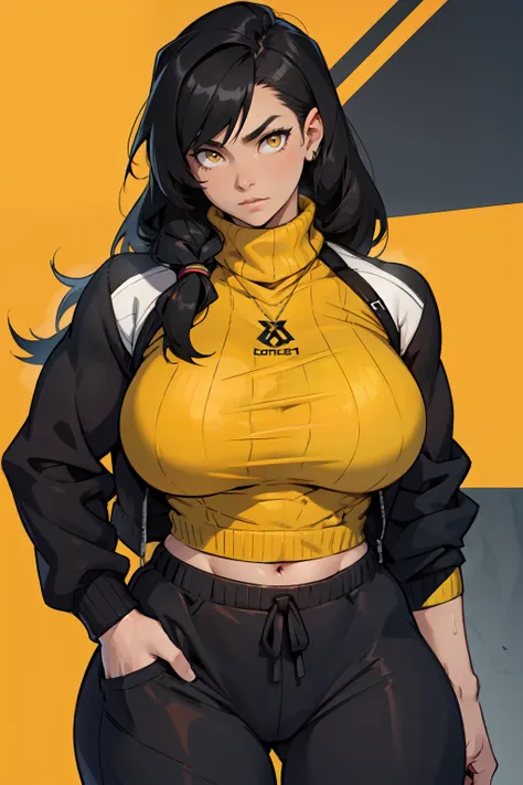 Muscular Thick Thighs Huge Breasts Black Hair Yellow Eyes Long Hair Turtle Neck Sweater 6797