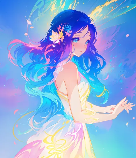 beautiful anime girl in colorful multi-layered ballgown, vibrant pastel colors, (colorful), magical lights, sparkling liquid light, colorful wavy hair, inspired by Glen Keane, inspired by Lois van Baarle, disney art style, by Lois van Baarle, glowing aura ...