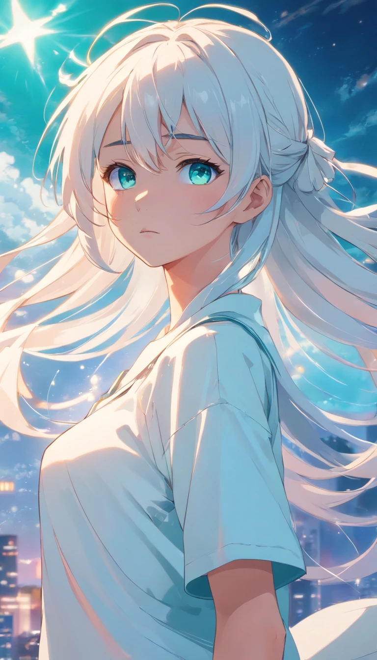 young girl, teal eyes, white clothes, long white hair with pigtails, big chest, brave, shy.