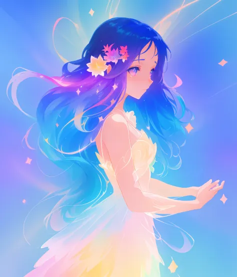 beautiful anime girl in colorful multi-layered ballgown, vibrant pastel colors, (colorful), magical lights, sparkling liquid lig...