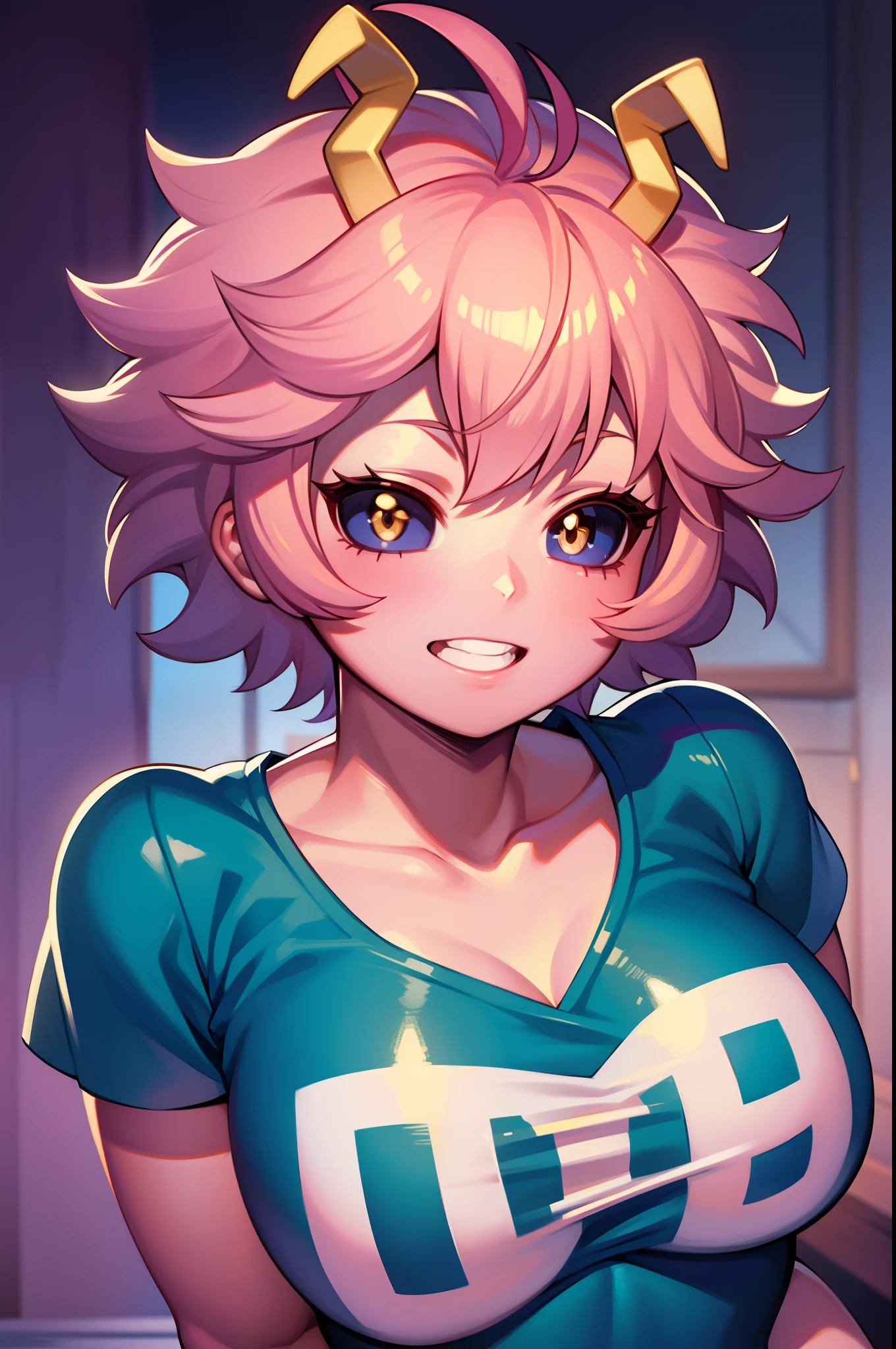 Mina Ashido, 1 chica, solo, senos, cabello corto, medium senos, camisa, Fondo blanco, clavícula, Ojos amarillos, Parte superior del cuerpo, Cabello rosado, mangas cortas, cuernos, dientes, piel coloreada, blue camisadientes, Feliz, esclerótica coloreada, líneas de énfasis, esclerótica negra, piel rosada