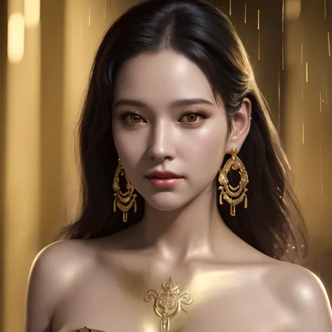 gold tattoo with girl in the rain with golden earrings, in the style of vray tracing, martin ansin, yuumei, poured, close up, da...