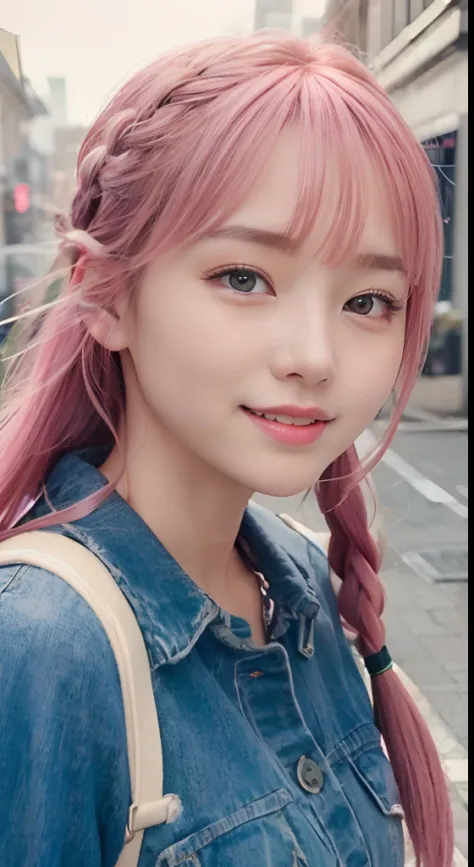 (8K、top-quality、​masterpiece:1.2)、(reallistic、Photorealsitic:1.37)、The ultra-detailliert、女の子1人、Pink Hair Medium Hair, (Pink hair),18year old、Medium chest、Beautie、Beautiful and perfect face、up close shot、Natural smile、独奏、holiday、Bustling street、shopping、Fas...