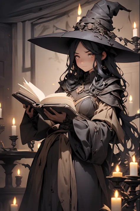 (best quality,4k,8k,highres,masterpiece:1.2),ultra-detailed,witch,old book,huge book,candlelight,spell book,spell casting,ancien...