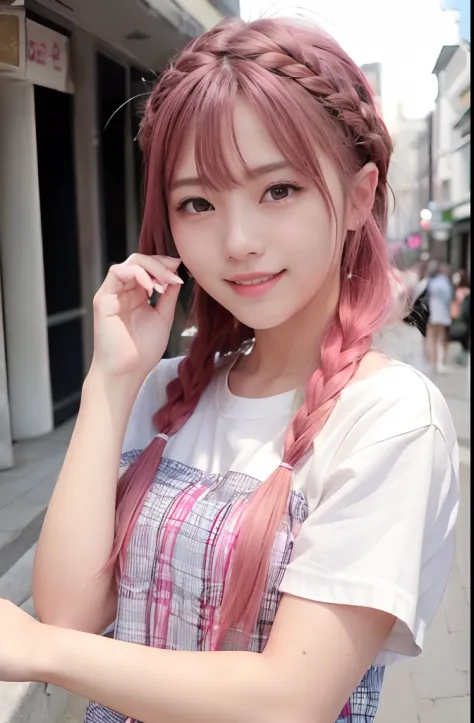 (8K、top-quality、​masterpiece:1.2)、(reallistic、Photorealsitic:1.37)、The ultra-detailliert、女の子1人、18year old、Medium chest、Pink Hair Medium Hair, (Pink hair),Beautie、Beautiful and perfect face、Natural smile、独奏、holiday、Bustling street、shopping、Fashionable cloth...