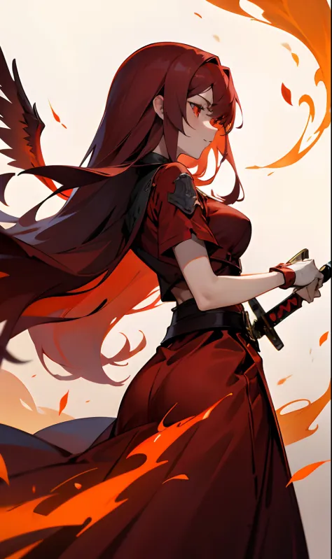 Medium-bodied girl with medium breasts with long dark red hair wearing a red dress with white and fire details, phoenix wings on her back while holding a red magic sword and her orange eyes