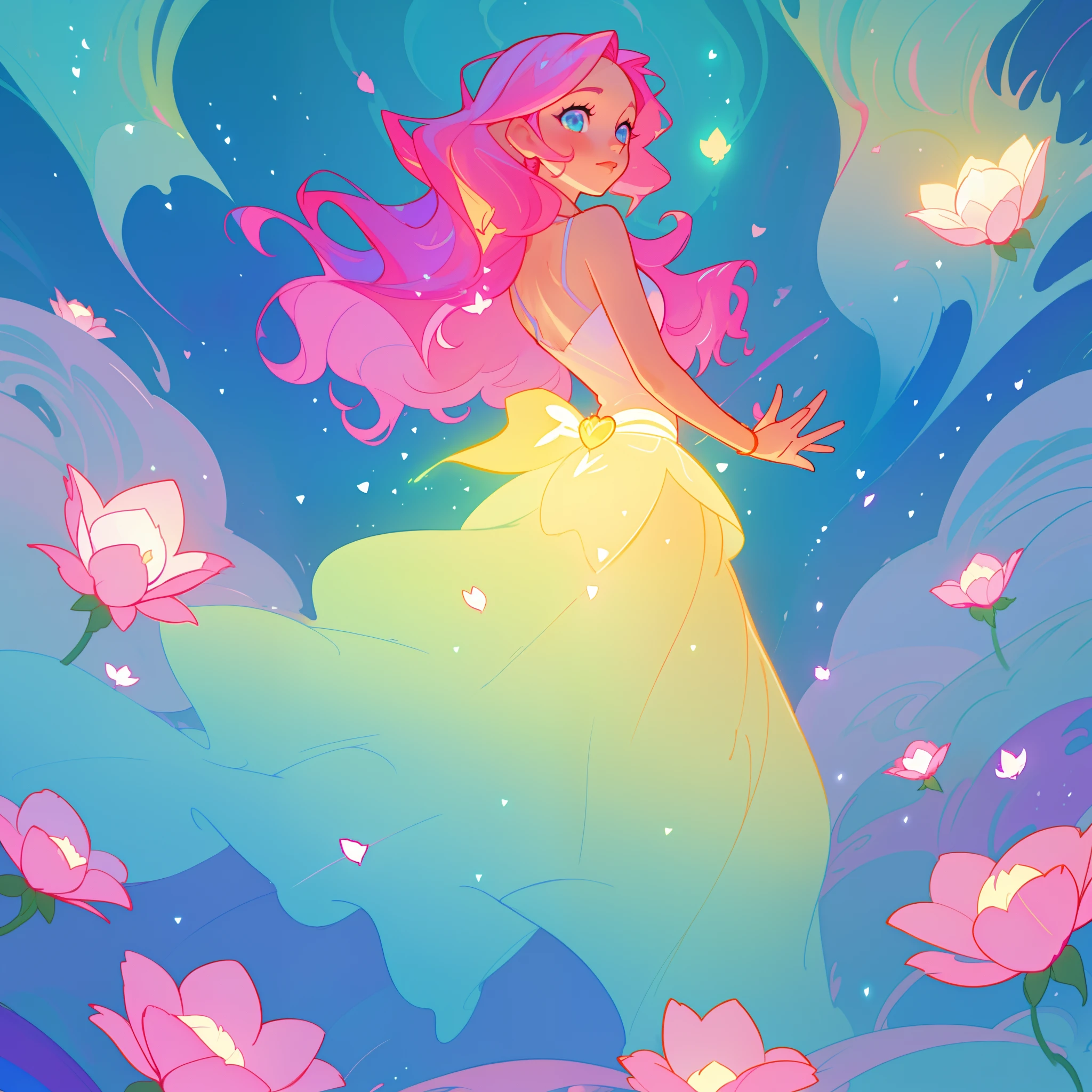 beautiful girl in flowing gradient layered ballgown, flowing pink hair, whimsical fantasia and flowers background, vibrant pastel colors, (colorful), magical lights, magical flowers, flowers, glowing lights, red pink long wavy hair, sparkling lines of light, inspired by Glen Keane, inspired by Lois van Baarle, disney art style, by Lois van Baarle, glowing aura around her, by Glen Keane, jen bartel, glowing lights! digital painting, flowing glowing hair, glowing flowing hair, beautiful digital illustration, fantasia background, whimsical, magical, fantasy, beautiful face, ((masterpiece, best quality)), intricate details, highly detailed, sharp focus, 8k resolution, sparkling detailed eyes, liquid watercolor