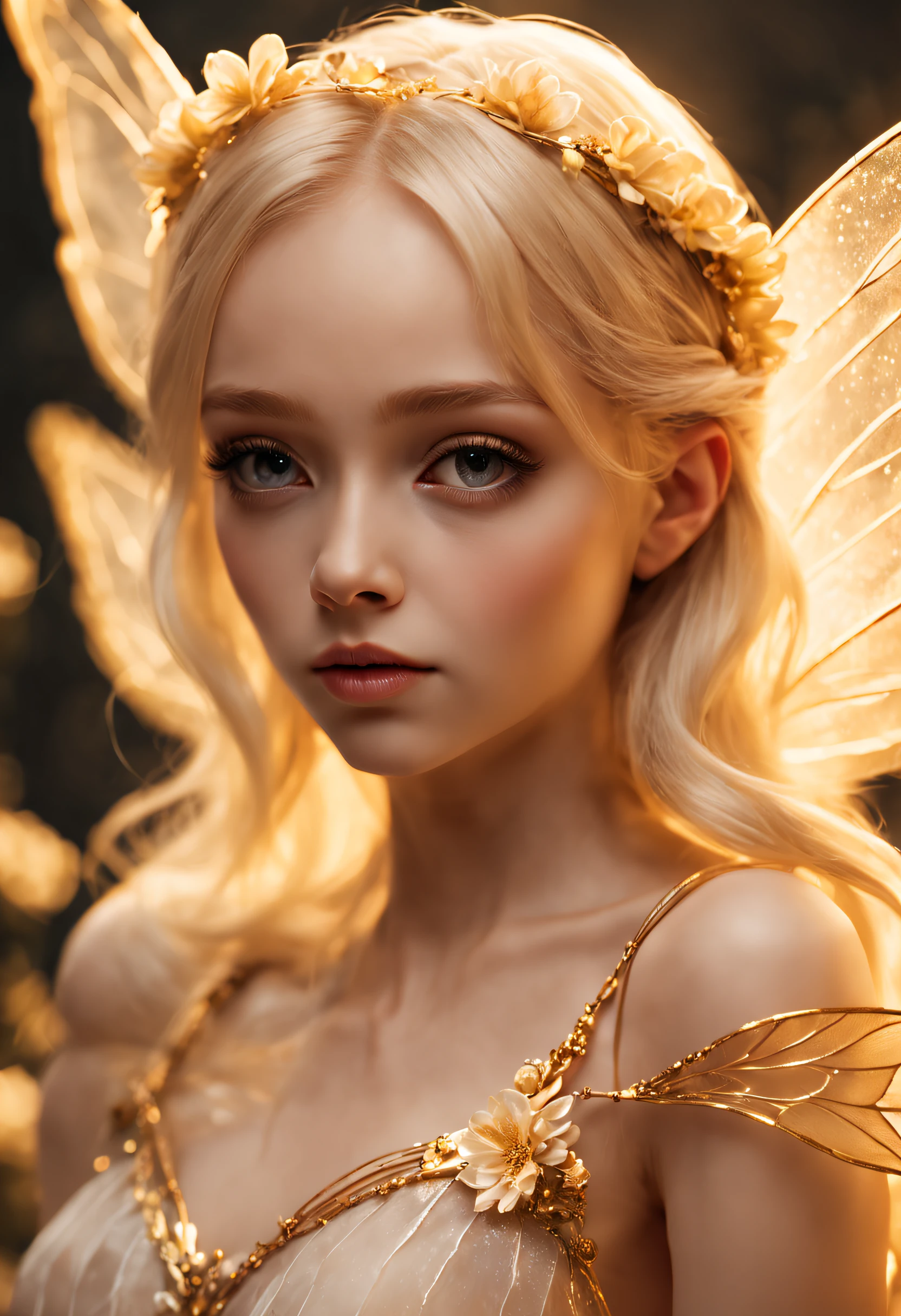 A high resolution,Best quality ,Blonde girl,Face up，the Flower Fairy，Fairy-like transparent wings，Composition in the play，delicated face，8K，Gold tones，high light，rim-light