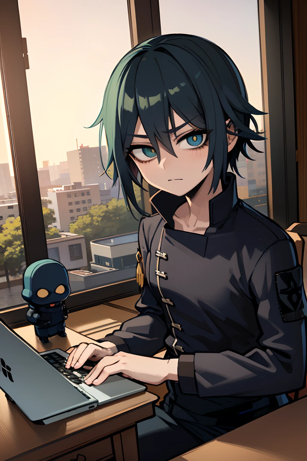 Anime - imagem de estilo de um homem sentado em uma mesa com um laptop, roupa militar, colete preto, usando balaclava, 2 d estilo anime, badass anime 8 k, estilo anime 4K, estilo de arte anime moe, Gatilho Estilo de Arte de Anime, Melhor Anime 4K Konachan Wallpaper, cara de anime alto com olhos azuis, Conceito de anime HDR Anime MacManus, jovem homem de anime, em estilo anime, anime estilizado