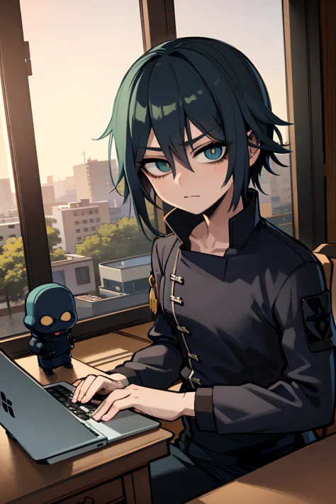 Anime - imagem de estilo de um homem sentado em uma mesa com um laptop, roupa militar, colete preto, usando balaclava, 2 d estil...