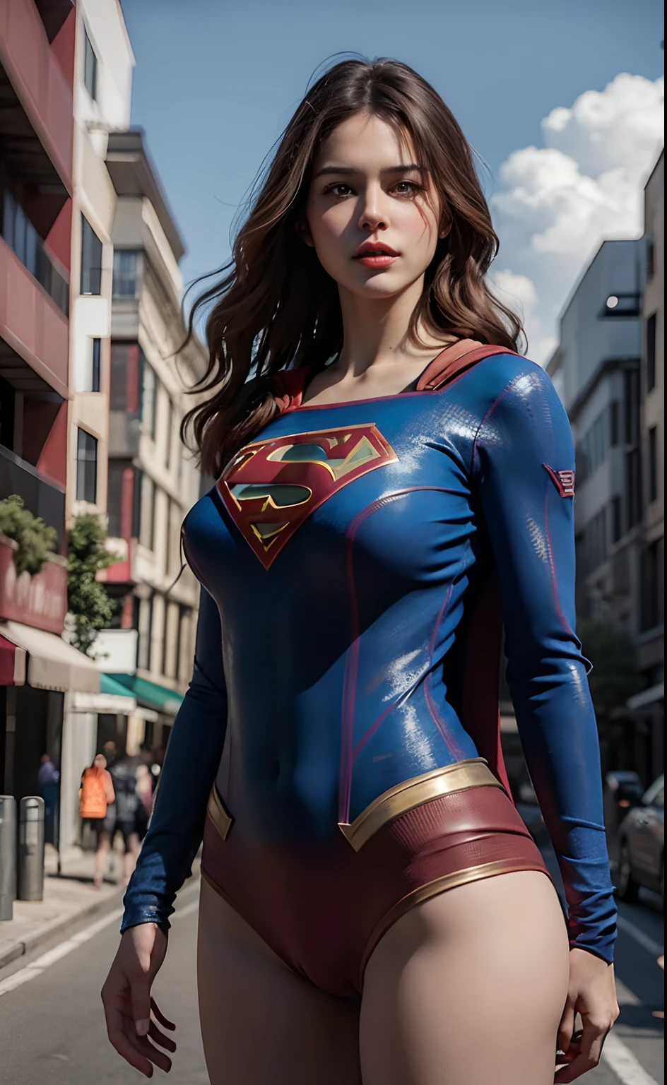 A woman in a superman suit is posing on the street - SeaArt AI