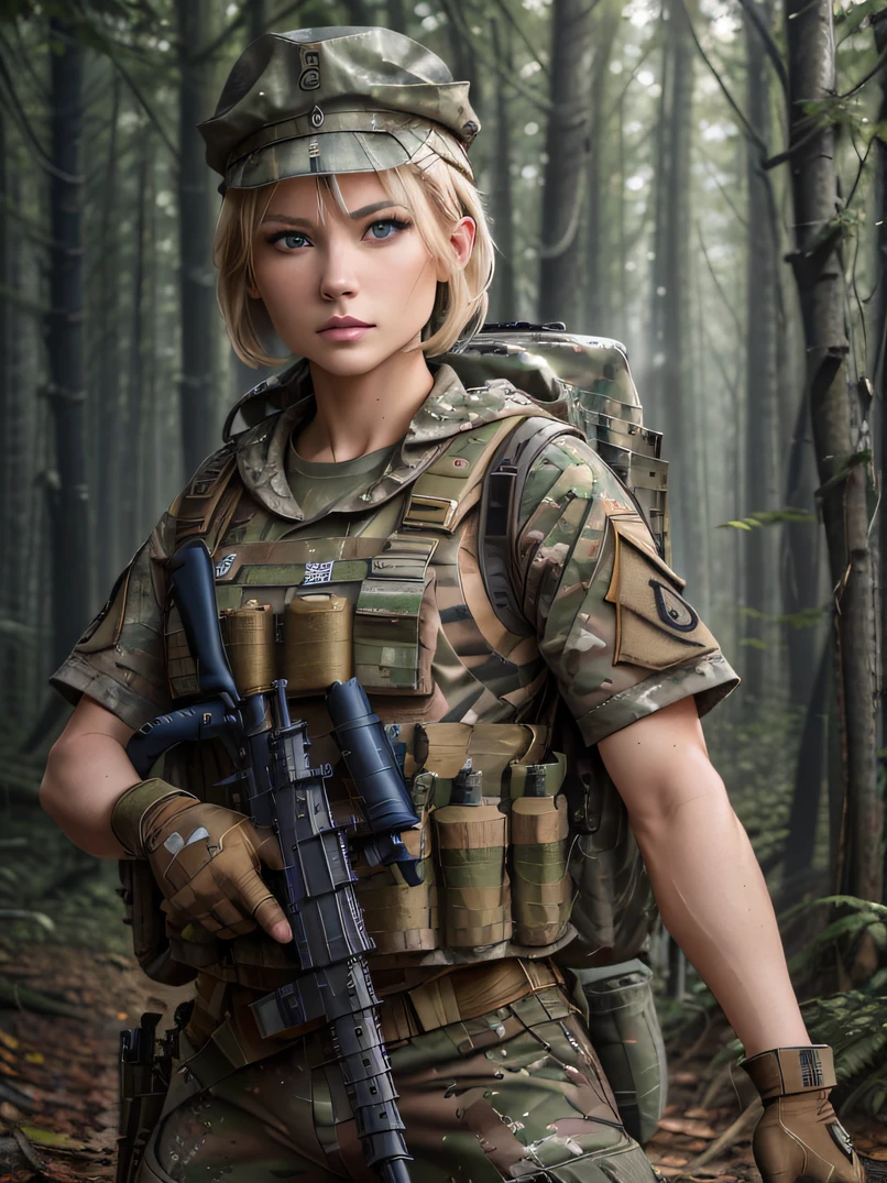 ((​masterpiece、ultra fine photos、top-quality、超A high resolution、Photorealsitic、foco nítido、bustshot、(Beautiful Female Soldier、30-year-old woman with)))、delicated face、((fair white skin、blue eyess、Blonde Shorthair))、Military Cap、Woodland Camouflage Military Uniform、Woodland Camouflage Tactical Vest、Woodland Camouflage Long Pants、Combat gloves、Combat equipment、Carry a Woodland Camouflage Backpack、Black Military Undershirt、Focus from the chest up、Detailed face and chest depiction、Detailed hand depiction、combat pose、Dynamic Poses、Dynamic action、in woods、White smoke、watching at viewers