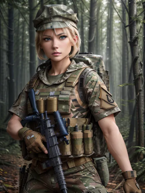 ((​masterpiece、ultra fine photos、top-quality、超A high resolution、Photorealsitic、foco nítido、bustshot、(Beautiful Female Soldier、30...