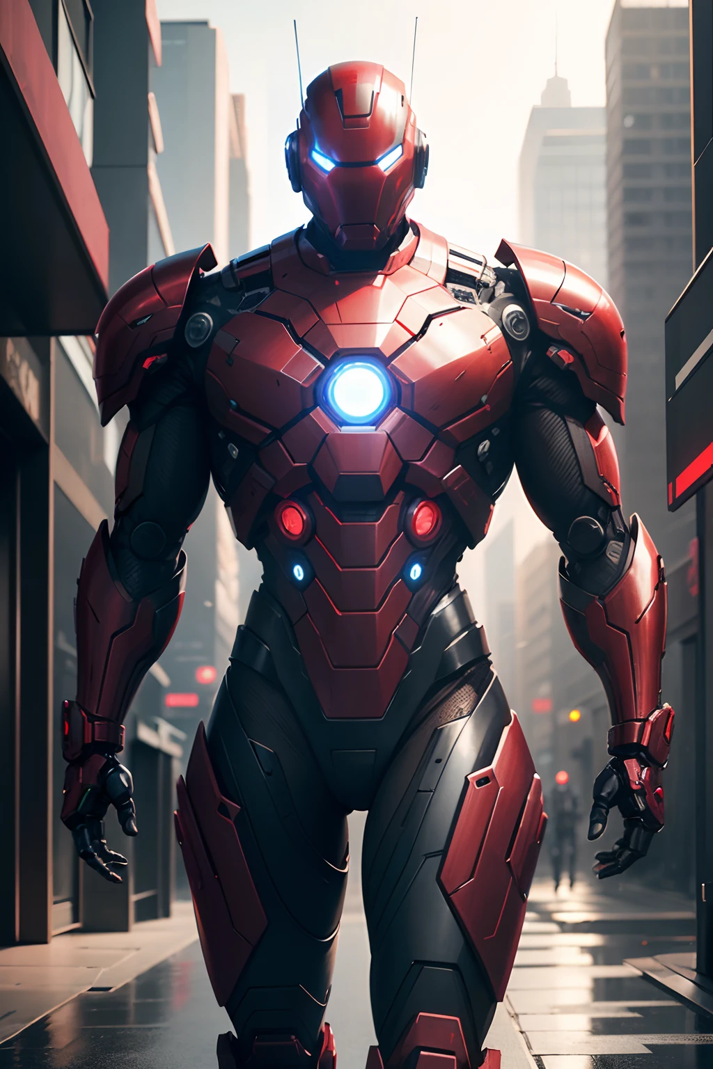 A realistic black and red non-human robot,  Marvel's Combat Machine Style in an Advanced Cybernetic Suit, Cyberpunk technological helmet and visor