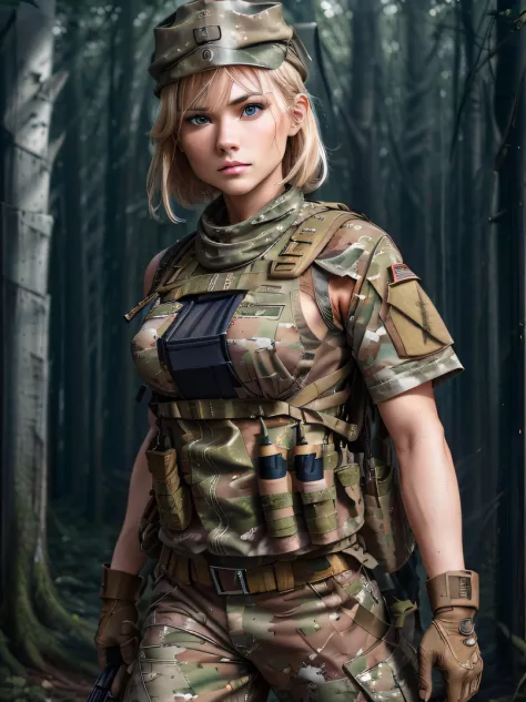 ((​masterpiece、ultra fine photos、top-quality、超A high resolution、Photorealsitic、foco nítido、bustshot、(Beautiful Female Soldier、30...