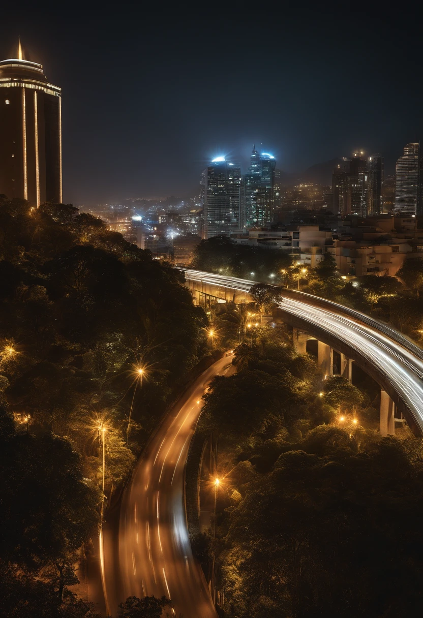 A view of a city at night with a highway and a tower - SeaArt AI