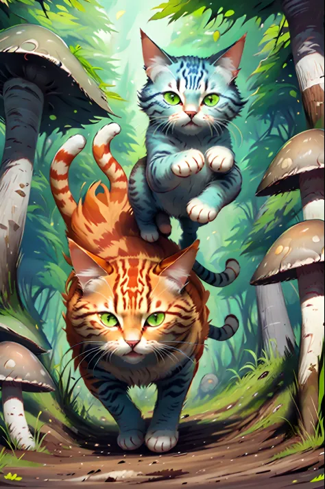 Cat pouncing in forest of mushrooms
