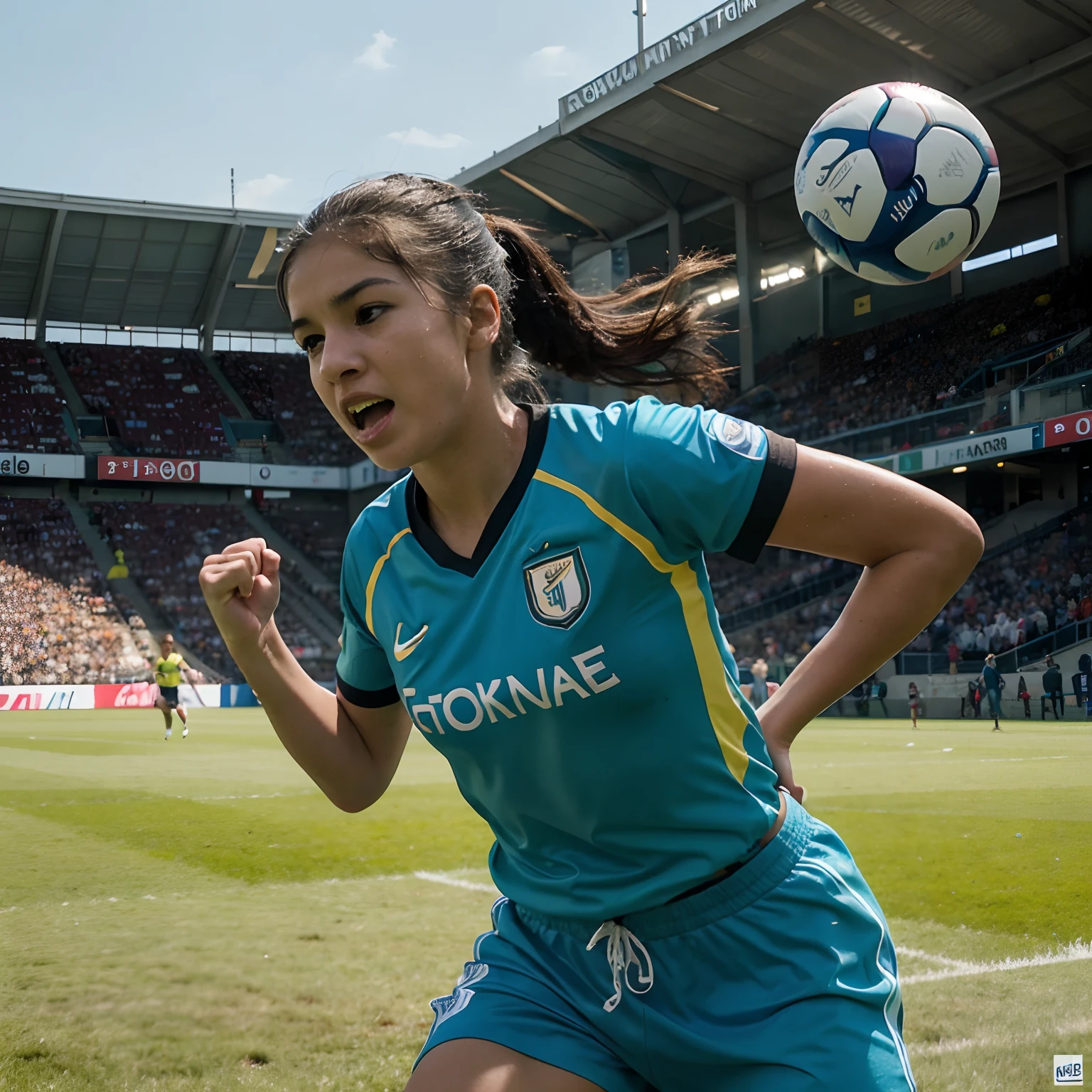 Woman in blue uniform kicking a soccer ball on a field - SeaArt AI