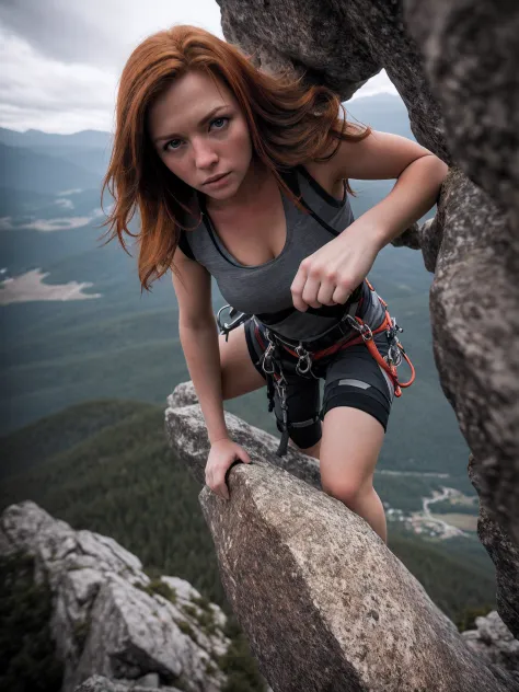hdr, a redhead woman, climbing on mountains, closeup, intricate details, hyperdetailed, cinematic, dark shot, muted colors, film grainy, soothing tones, muted colors, technicolor, (muddy:0.6)