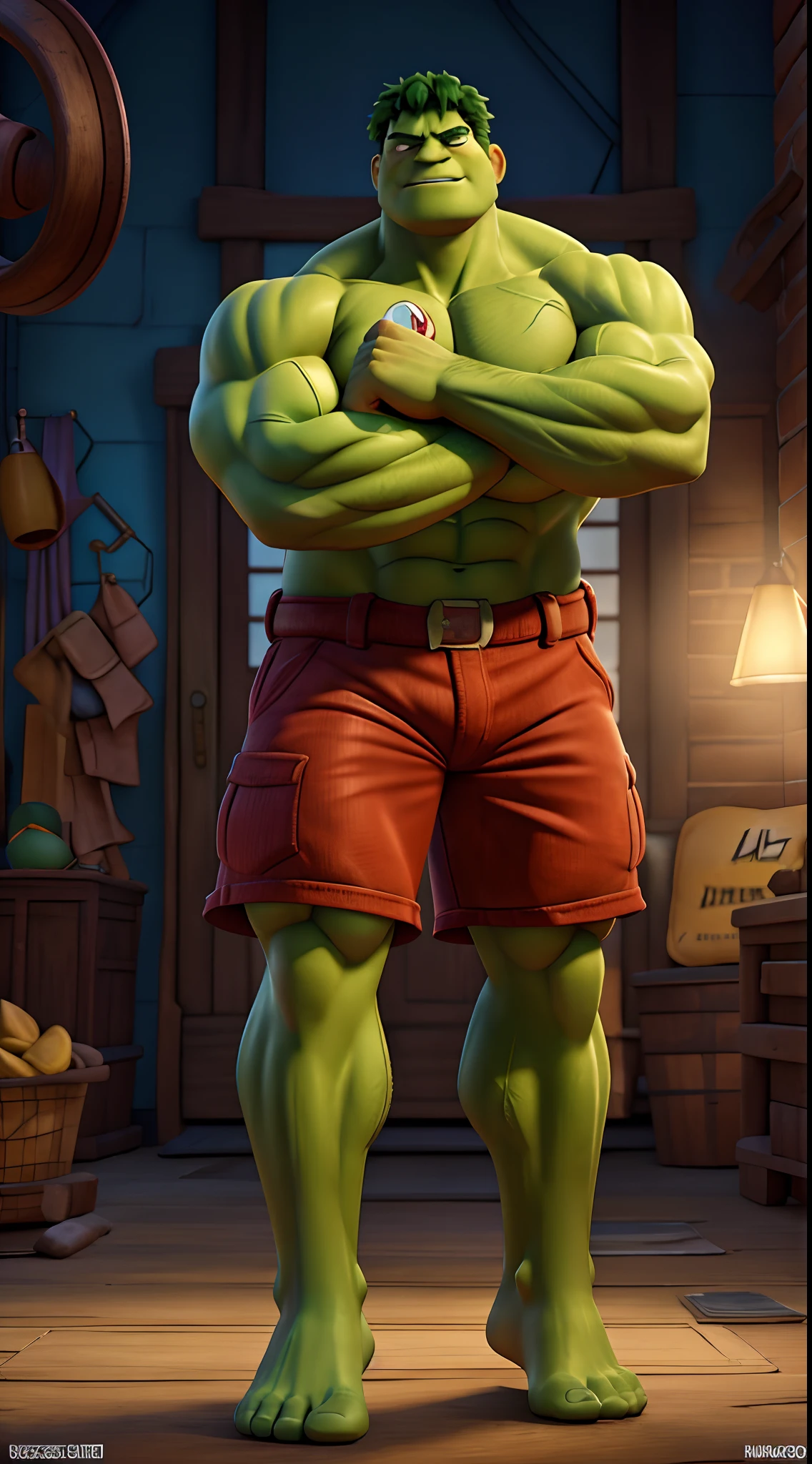 Una caricatura de Hulk en una habitación con una silla - SeaArt AI