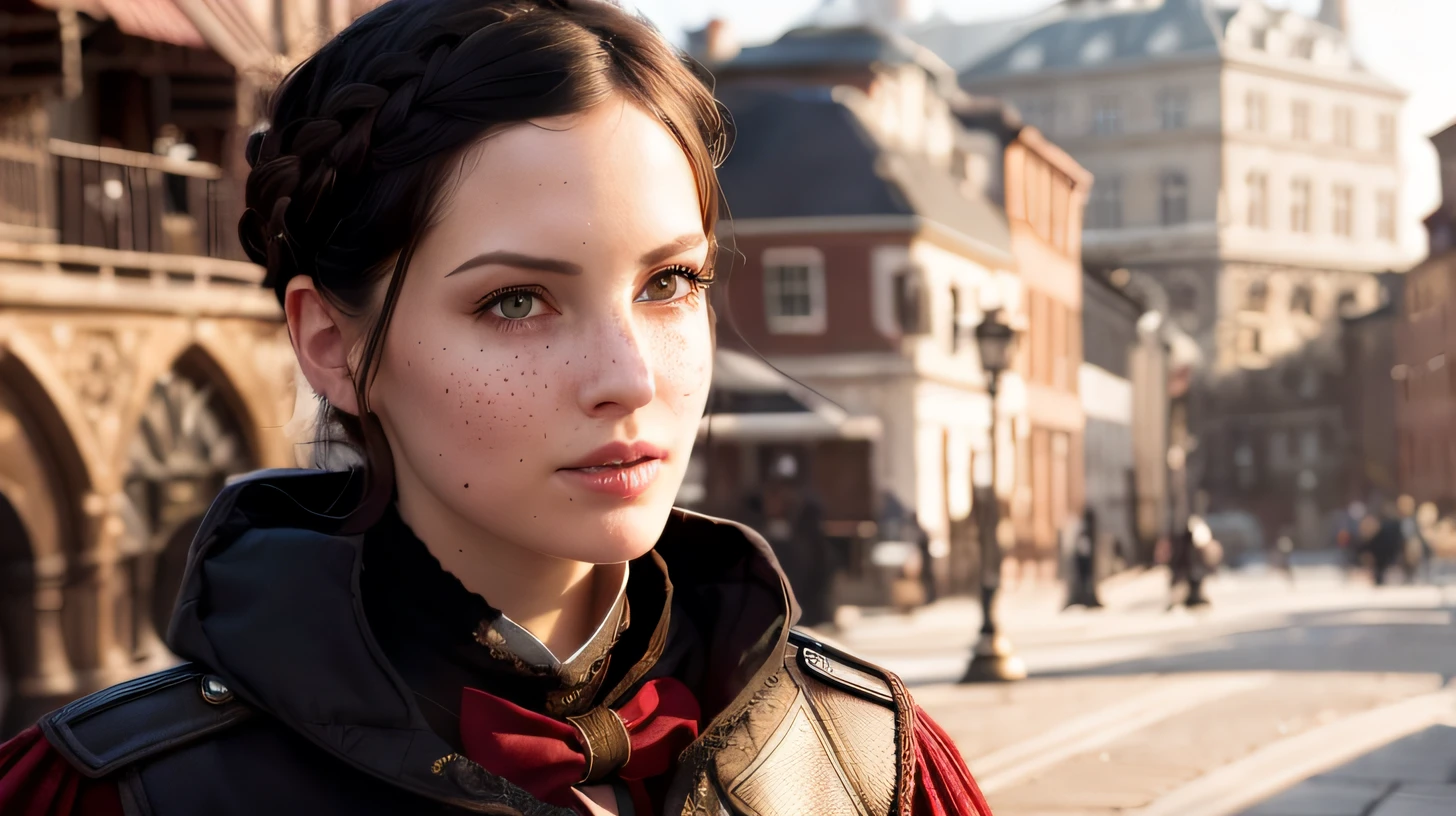 Evie Frye from Assassin's Creed Syndicate, ((Assassin's Creed cosplay)), Assassin's Creed Evie Frye hairstyle, (Details face), (detailed eyes), (black eyeliner) around the eye, (large breast:1.2),seductive smile, plump girl, highres, masterpiece, 1girl, solo, best quality, realistic,looking at viewer, perspective shot, navel, smirk, aroused, 4K, HDR. by (James C. Christensen:1.2|Jeremy Lipking:1.1), (photorealistic:1.2), (realistic:1.5), (hyperrealistic:1.2),(photorealistic face:1.2), full body shot with high heels, best quality, high resolution, standing on the streets, (extremely detailed 8k wallpaper, Ultrarealistic:1.3), subsurface scattering,(full body shot:1.4), similar face structure as the reference image, light freckles around the upper checks, (black background),