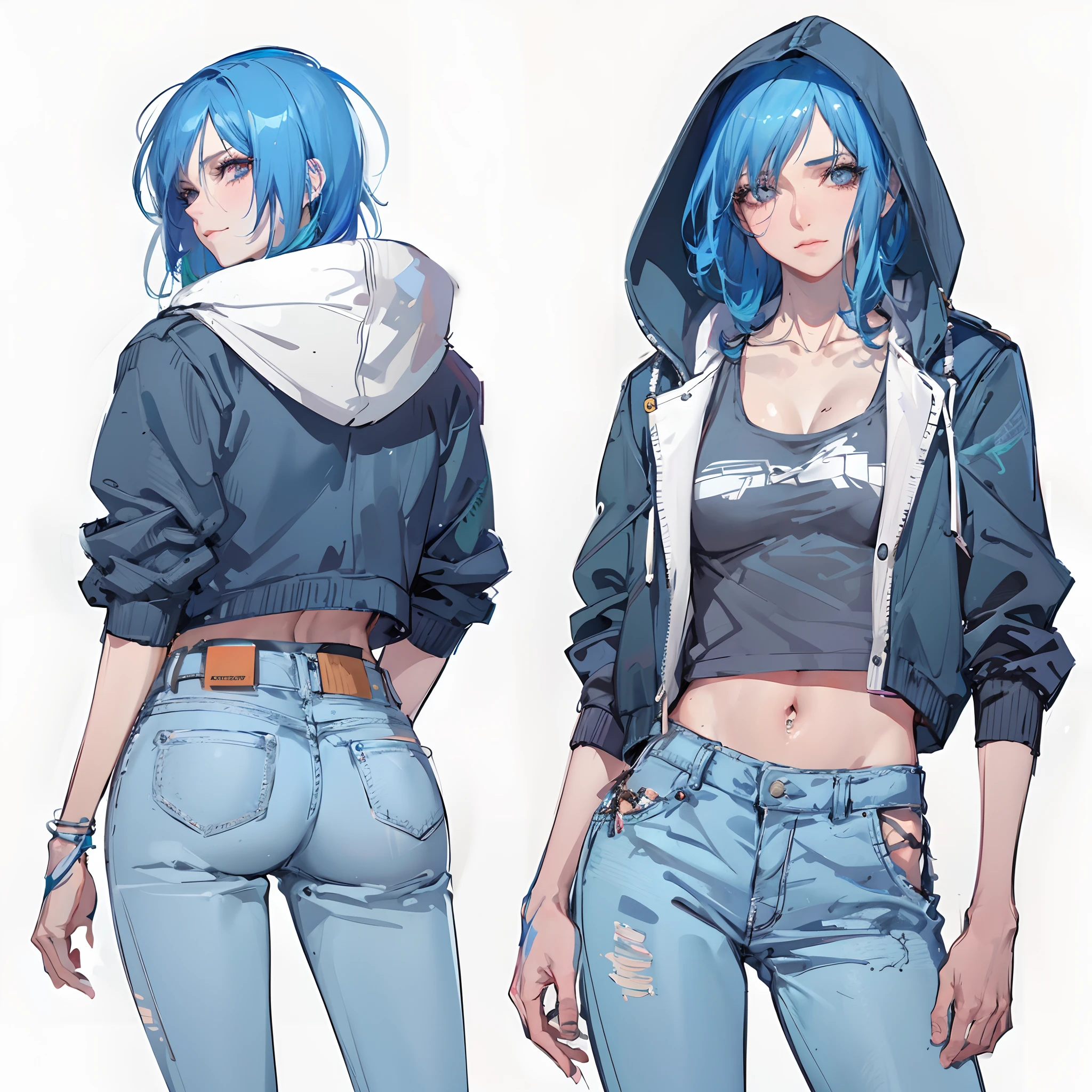 There's two women with blue hair and blue jeans, Garota de anime cyberpunk com capuz, Lois van Baarle e Rossdraw, personagem estilo anime, Estilo Ross Tran, estilo anime moderno, fanart menina urbana, 2 d estilo anime, Modelo IG | Artgerm, No estilo de Ross Tran, arte detalhada do personagem de anime, menina de anime cyberpunk feminino, estilo Artgerm