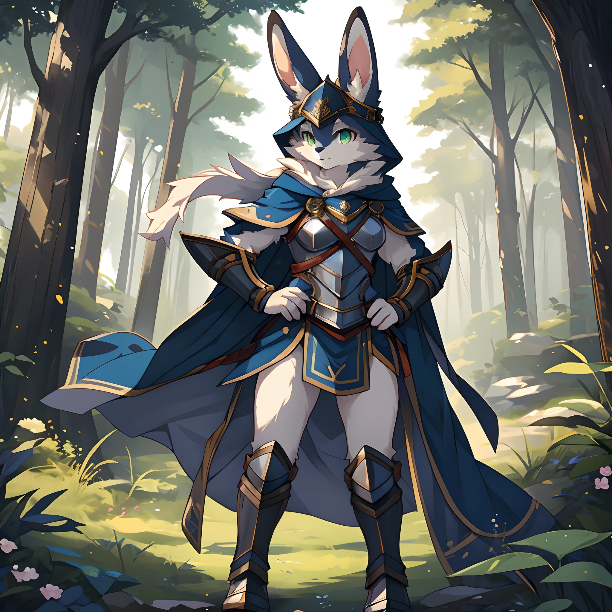 masterpiece, solo, 1girl, Furry, kemono, furry rabbit, anthropomorphic, female, (navy fur, navy skin), green eyes, scale mail armor, blue cloak, forest, uploaded on e621,