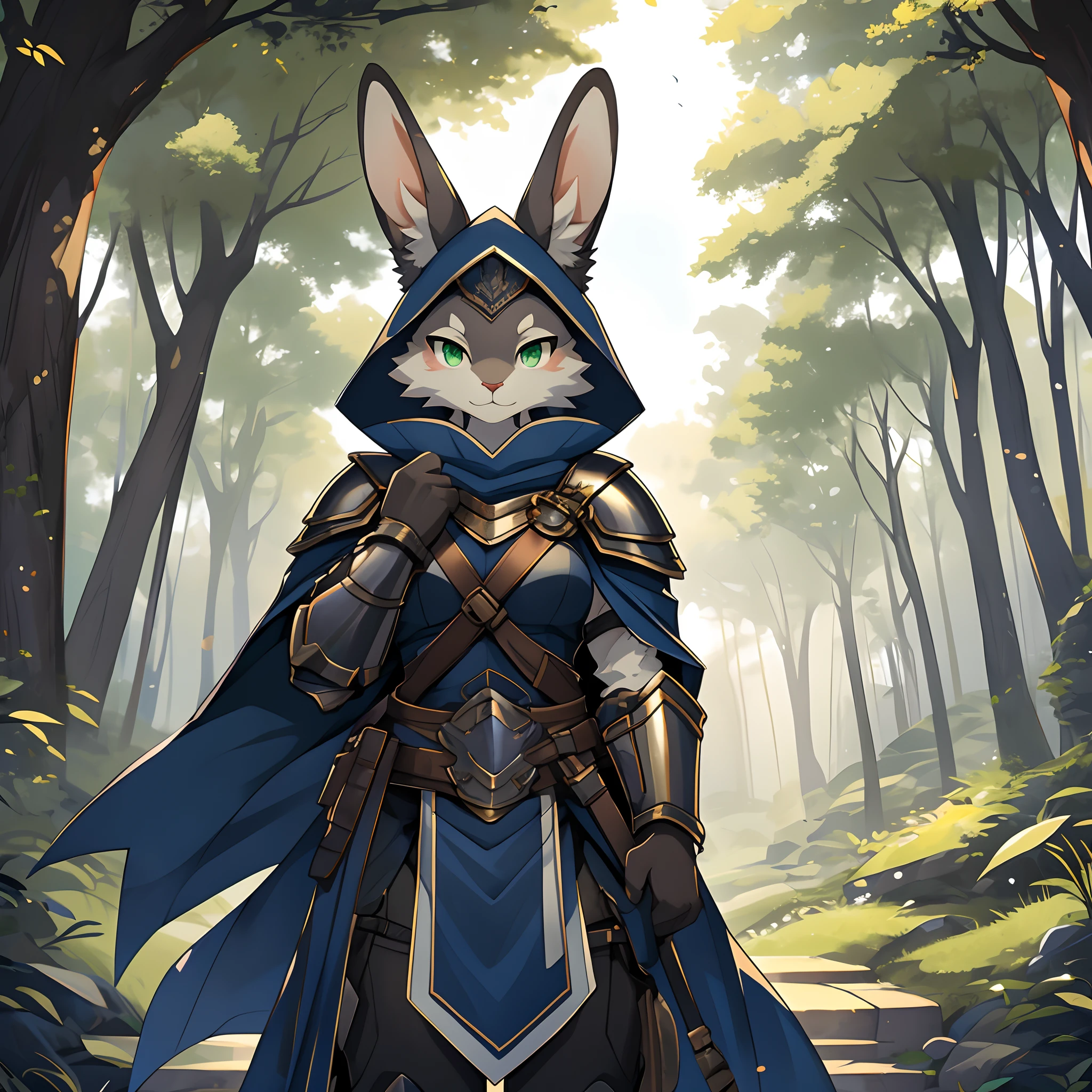 masterpiece, solo, 1girl, Furry, kemono, furry rabbit, anthropomorphic, female, (navy fur, navy skin), green eyes, scale mail armor, blue cloak, forest, uploaded on e621,