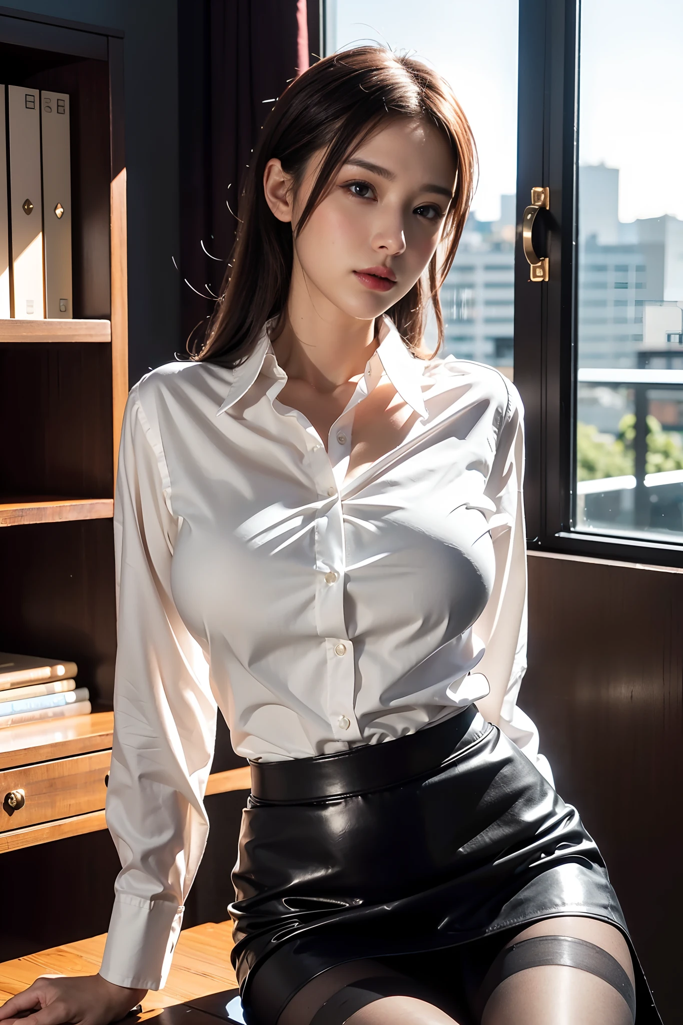 The face is :9,1870450717], Glamorous beautiful mature elite secretary in luxurious silk top、40 years、big breasts body　154 cm、shapely body、The figure of the hourglass、Skirts and thighs、sit on a bed、Troubled face、office clothes, (Wear pantyhose,Realistic pantyhose)、working in an office、Wear a satin shirt, Ultra-thin fabric、lisses、Transparent fabric、Wear high-end heels、 Shirt girl, Wear an elegant shirt, Wear an ultra-thin top, Merchant, Shirts and skirts, Wearing a silk shirt, Wear a shirt and skirt, Japan goddess、RAW photo, (8K、top-quality、tmasterpiece:1.2)、(intricately details:1.4)、(Photorealsitic:1.4)、octane renderings、Complex 3D Rendering Ultra Detail, Studio soft light, rim lights, vibrant detail, super detailing, realistic skin textures, Detal Face, Beautiful detail eyes, Very detailed CG Unity 16k wallpaper, Makeup - makeup, (detailedbackground:1.2), shiny skins、Turning around、Bare with thighs!!!,((tight shiny black leather skirt))