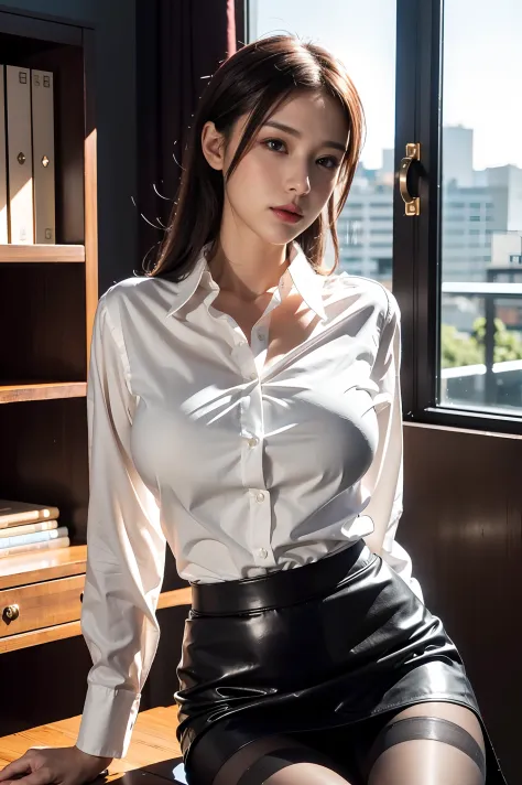 The face is :9,1870450717], Glamorous beautiful mature elite secretary in luxurious silk top、40 years、big breasts body　154 cm、shapely body、The figure of the hourglass、Skirts and thighs、sit on a bed、Troubled face、office clothes, (Wear pantyhose,Realistic pa...
