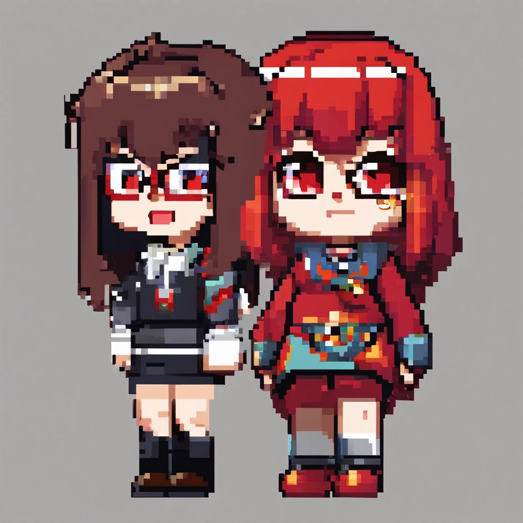 Pixel art de dois pixels de duas garotas ruivas e óculos - SeaArt AI