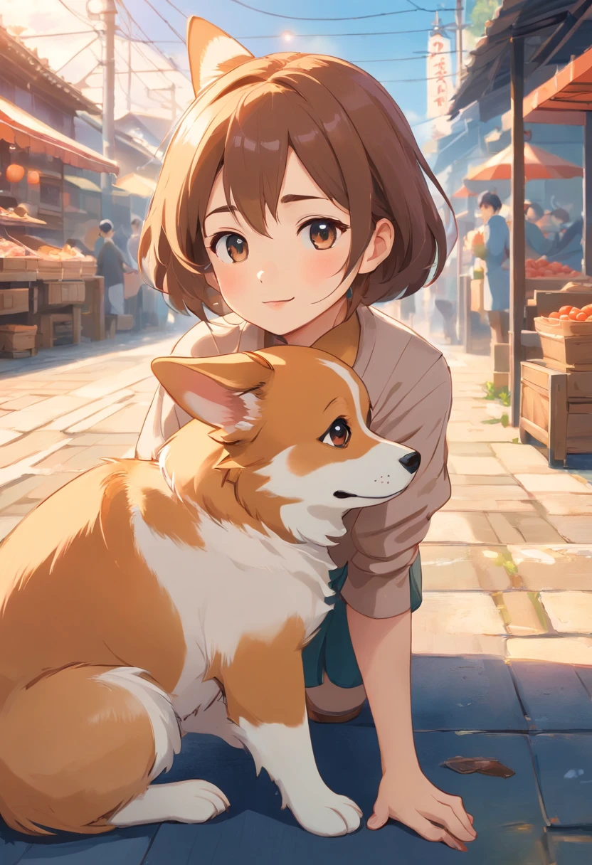 Anime girl hugging a corgi dog on the street - SeaArt AI