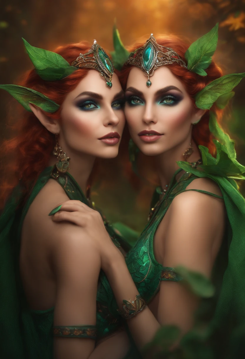 Duas lindas mulheres ruivas vestidas de verde e dourado com folhas na  cabeça - SeaArt AI