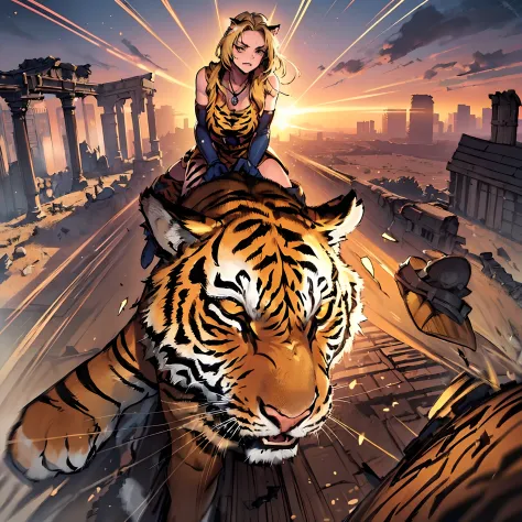 20yo 1girl, solo, (angry:1.2), small chest, (muscular:1.2), fang, (blonde long hair, tiger print bang:1.4),(tiger ears, locket n...