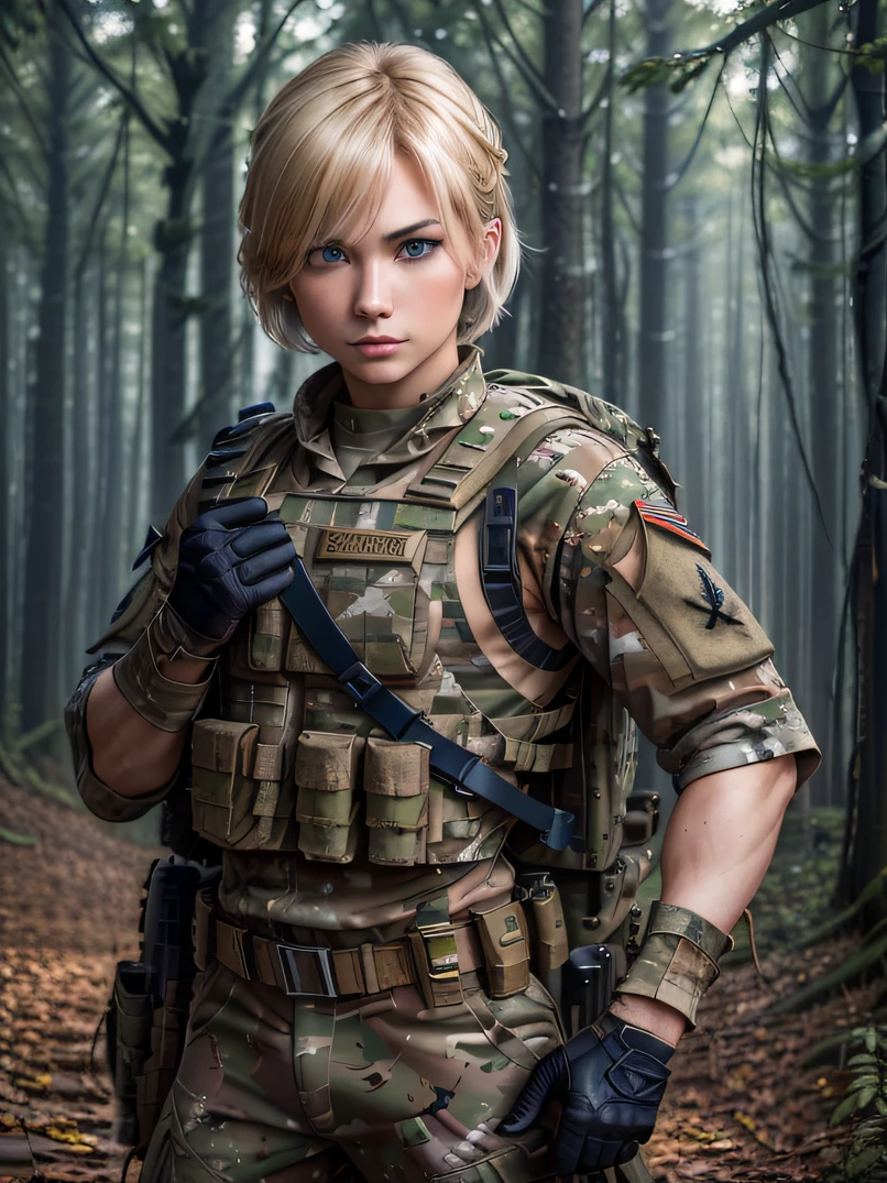 ((​masterpiece、ultra fine photos、top-quality、超A high resolution、Photorealsitic、foco nítido、bustshot、(Beautiful Female Soldier、30-year-old woman with)))、delicated face、((fair white skin、blue eyess、Blonde Shorthair))、Military Cap、Woodland Camouflage Military Uniform、Woodland Camouflage Tactical Vest、Woodland Camouflage Long Pants、Combat gloves、Carry a Woodland Camouflage Backpack、Black Military Undershirt、Focus from the chest up、Detailed face and chest depiction、Detailed hand depiction、combat pose、Dynamic Poses、Dynamic action、in woods、White smoke、watching at viewers