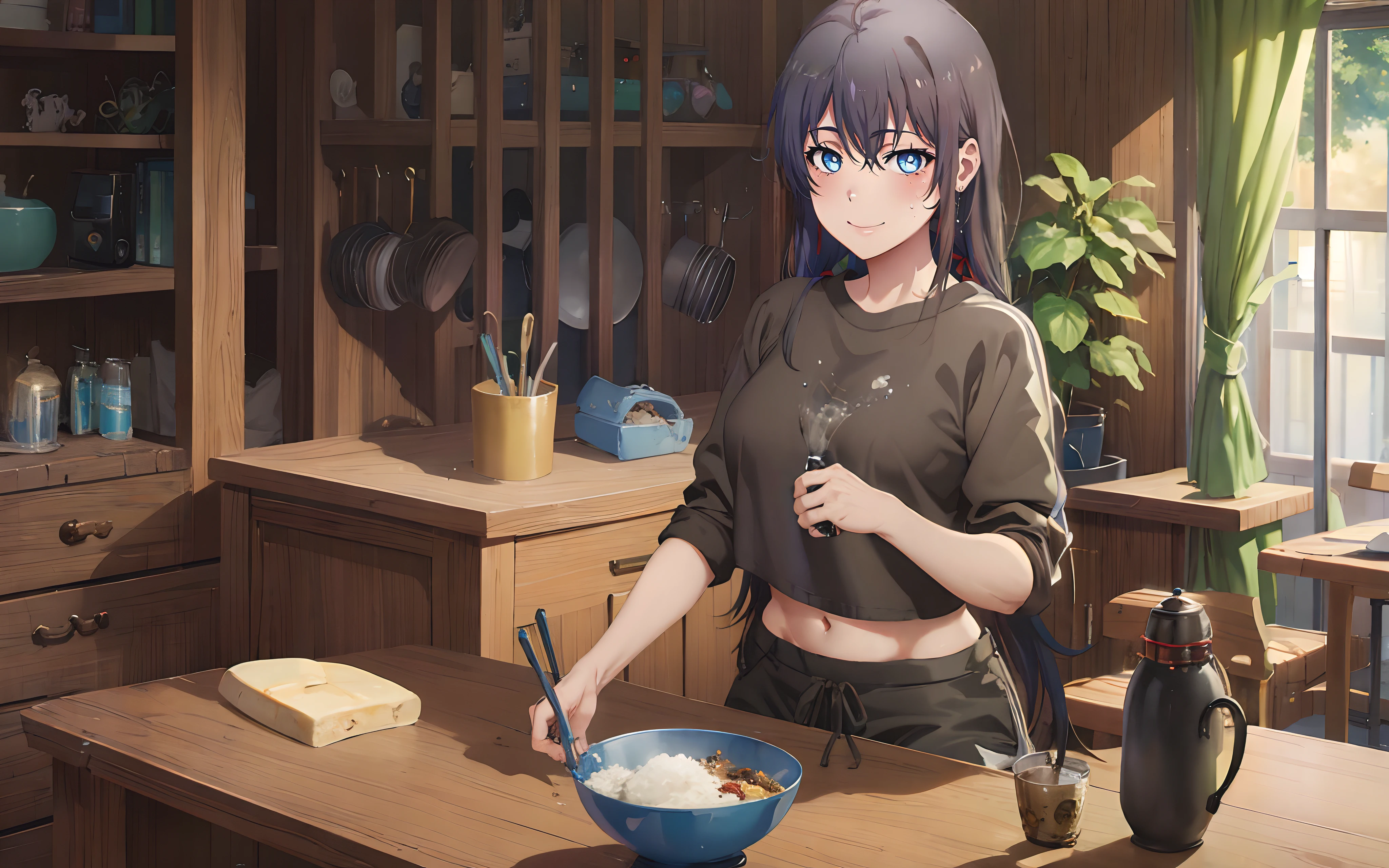 Anime girl in kitchen with chopsticks and bowl of food - SeaArt AI