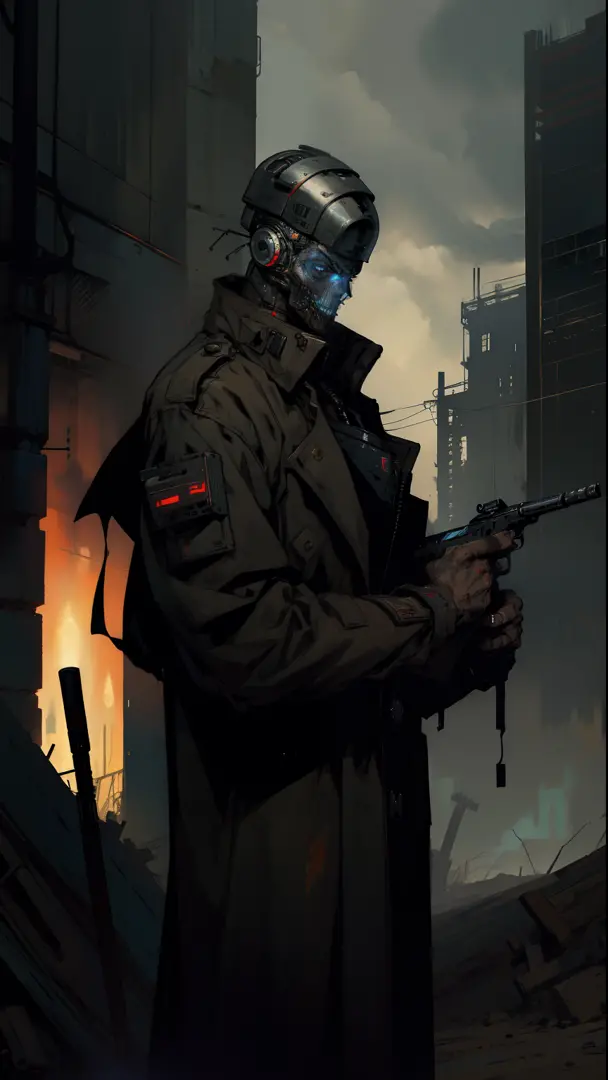 derpd, lethal cyborg wearing long cowboy trench coat, blue eyes,danger,post apocalypse, best quality, masterpiece,