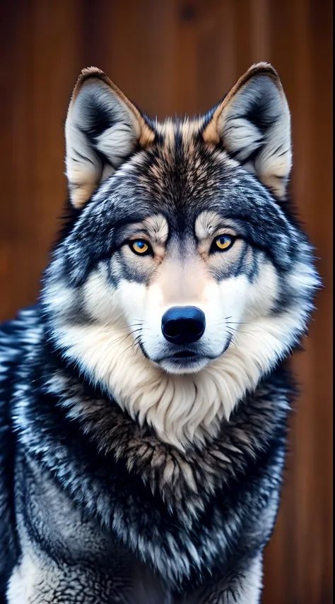Deep blue furry wolf with piercing brown eyes