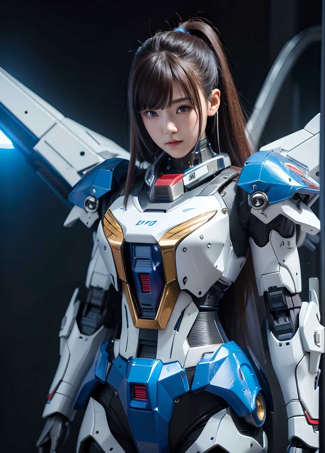 Textured skin, Super Detail, high details, High quality, Best Quality, hight resolution, 1080p, hard disk, Beautiful,(Gundam),beautiful cyborg woman,Mecha Cyborg Girl,Battle Mode,Girl with a Mecha Body,She wears a futuristic Gundam mecha,Fulll body Shot