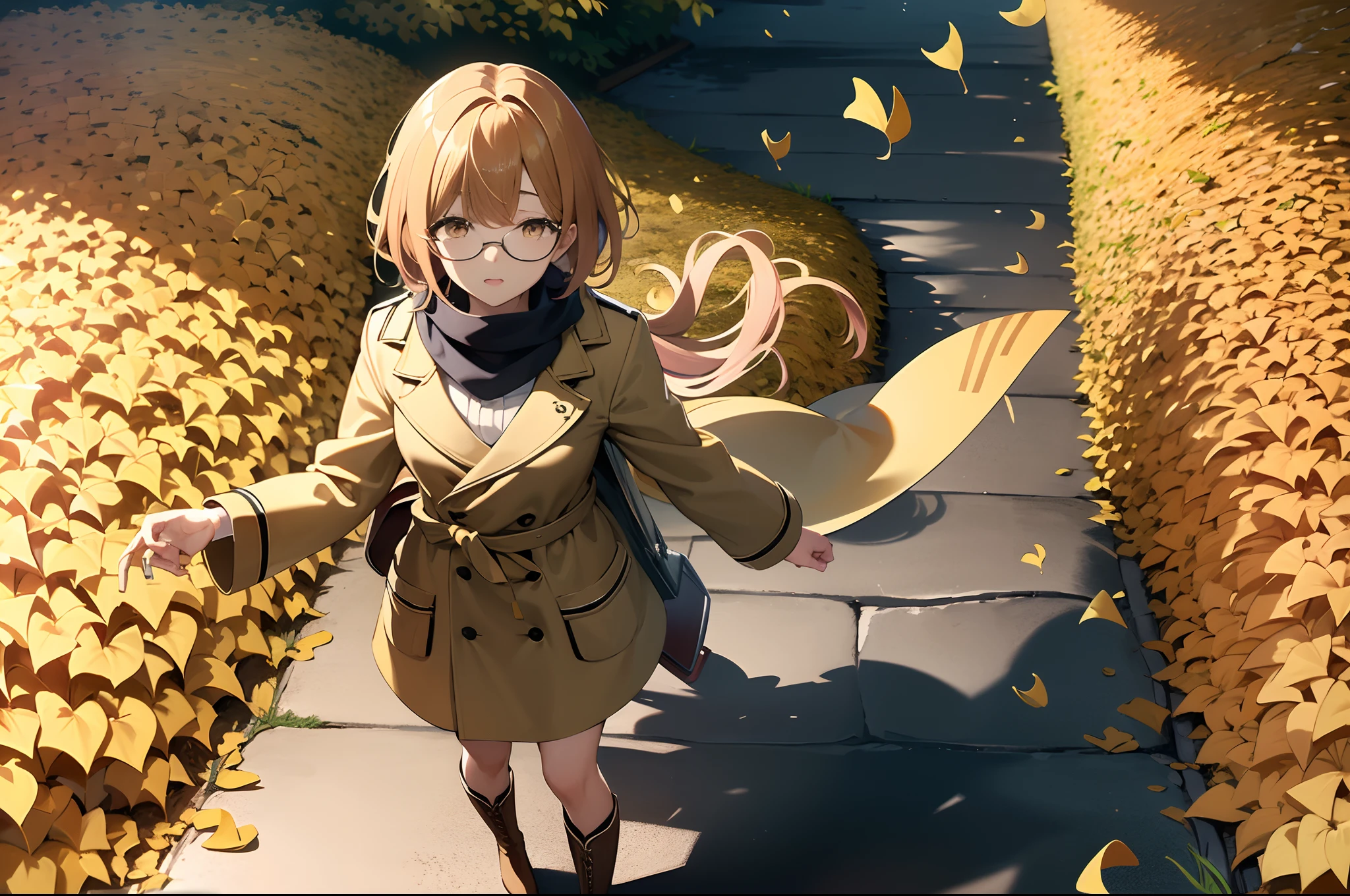 higuchi_madoka,mesa, mejor calidad, ultra detallado, ilustración, 1 chica en, Solo, Caminando, Paseo bordeado de árboles de ginkgo de color amarillo,Hojas de ginkgo de color amarillo que revolotean en el viento,mirando al cielo,Usar un abrigo marrón, botas largas, Bufanda enrollada alrededor del cuello.,Aspecto de manzana,los anteojos.desde arriba,Con su mano derecha, él se sujeta el pelo que se le ha caído con el viento.