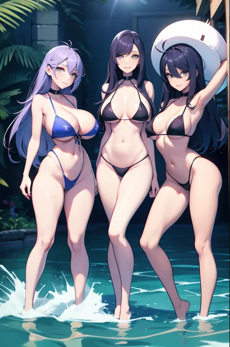 3girl、1boy, makeup、Colossal tits、Beautiful and erotic madam、Bright hair, Smiling, (skinny), (Slim and thick), (Small waist), White Slingshot Swimsuit、And, Black hair, Inner color is light blue、Very long hair、Tall 19 year old daughter、Colossal tits、Iridesce...